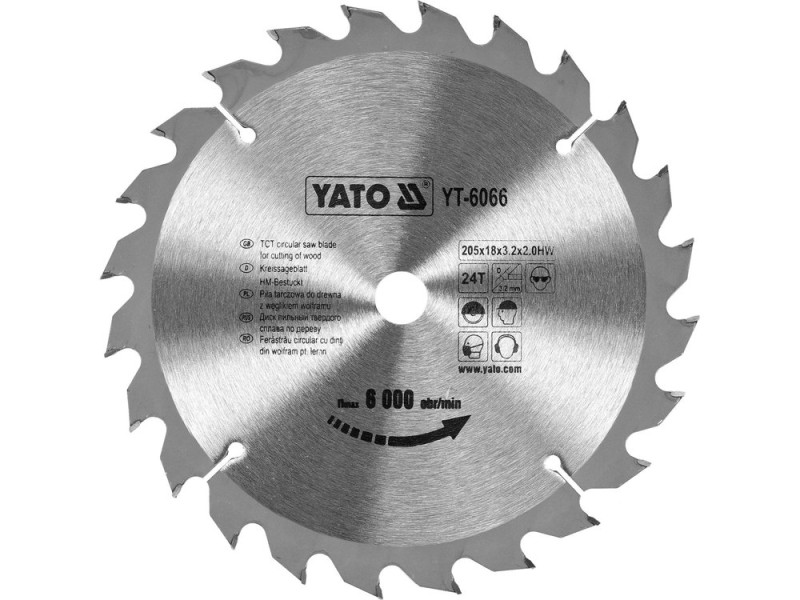 Диск пиляльний по дереву твердосплавний YATO YT-6066, 205×24T×18 мм