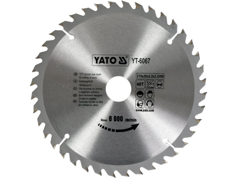Диск пиляльний по дереву твердосплавний YATO YT-6067, 210×40T×30 мм