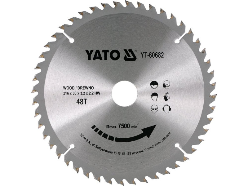 Диск пиляльний по дереву YATO YT-60682, 216×48T×30 мм, твердосплавний
