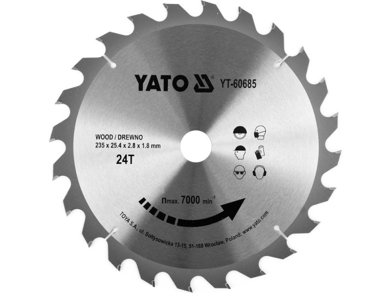 Диск пиляльний по дереву YATO YT-60685, 235×24T×25,4 мм, твердосплавний