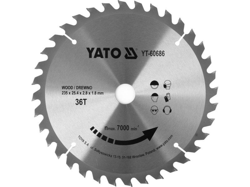 Диск пиляльний по дереву YATO YT-60686, 235×36T×25,4 мм, твердосплавний