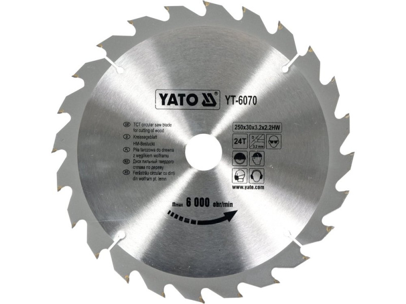 Диск пиляльний по дереву твердосплавний YATO YT-6070, 250×24T×30 мм