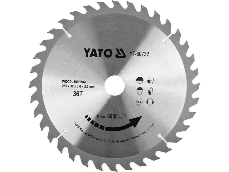 Диск пильный по дереву YATO YT-60732, 255×36T×30 мм, твердосплавный