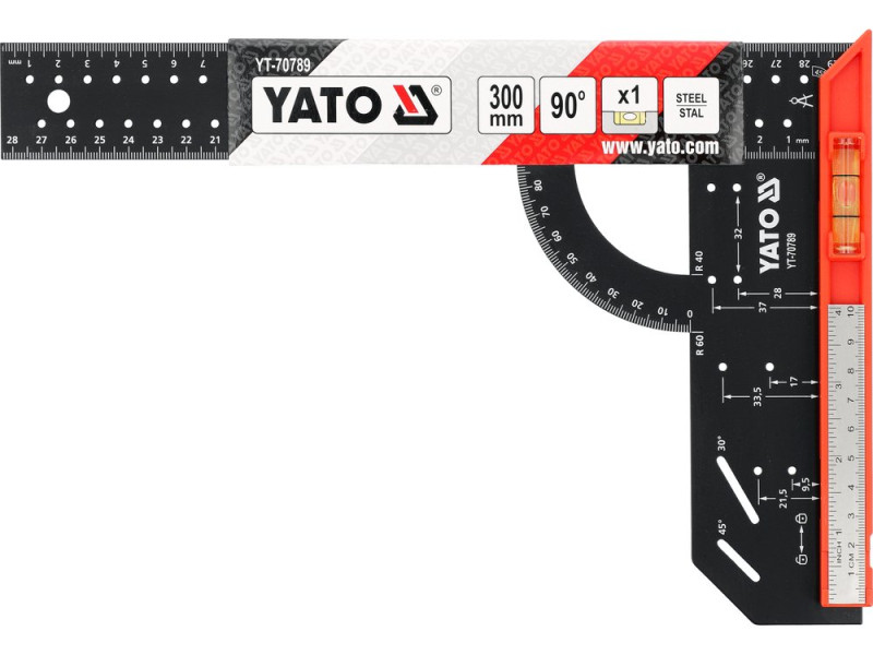 Косинець столярний 300 мм з рівнем YATO YT-70789, шкала