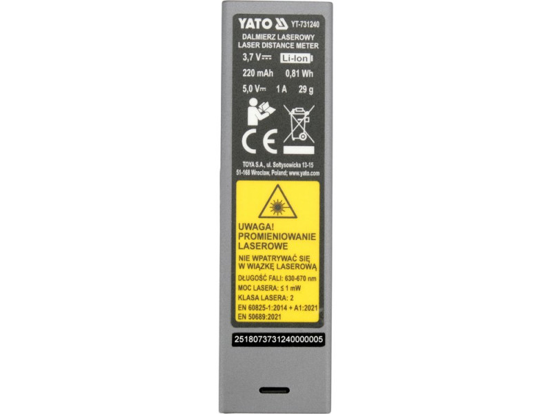 Далекомір лазерний кишеньковий YATO YT-731240, 30 м, ±5 мм, USB-C