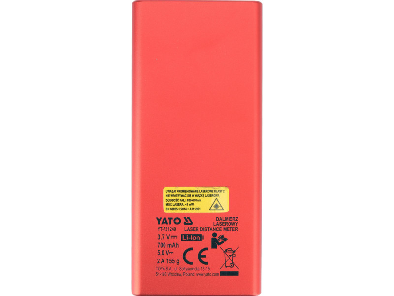 Дальномер лазерный 2-направленный YATO LCD-дисплей, дальность 2х 60 м, пииние от аккум. 3,7 В 700 мАч