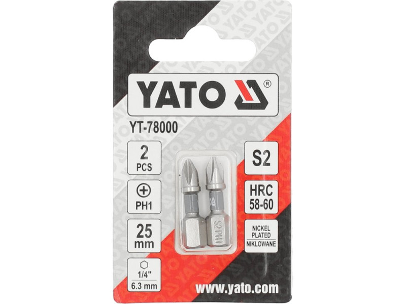 Набор бит Phillips PH1 25 мм YATO YT-78000, 1/4", S2, 2 шт