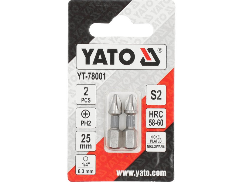Набор бит Phillips PH2 25 мм YATO YT-78001, 1/4", S2, 2 шт