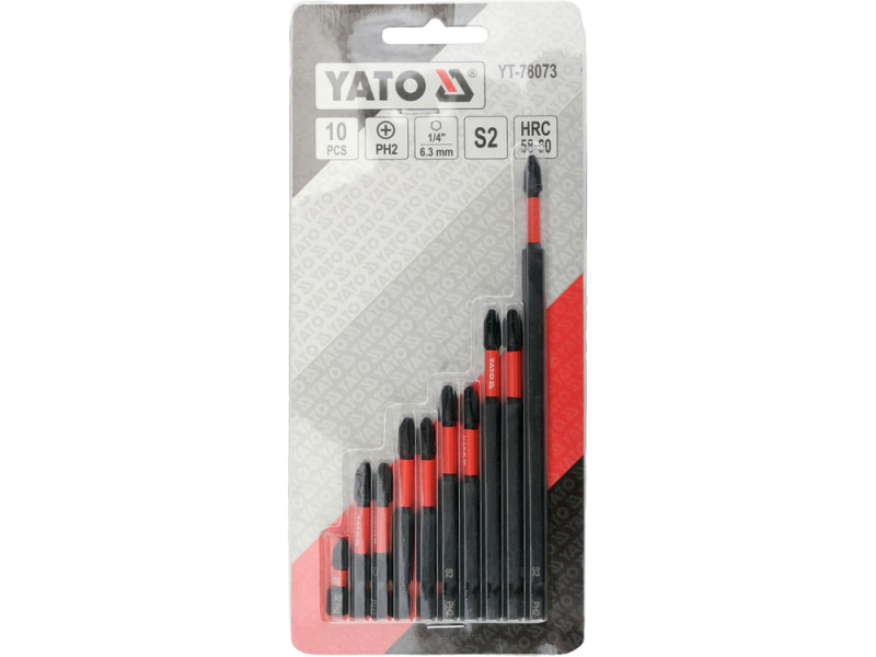 Насадки отверточные ударные YATO PH2 l= 25/ 50/ 65/ 75/ 100/ 150 мм со шпинделем 6-гранным 1/4", 10 шт.