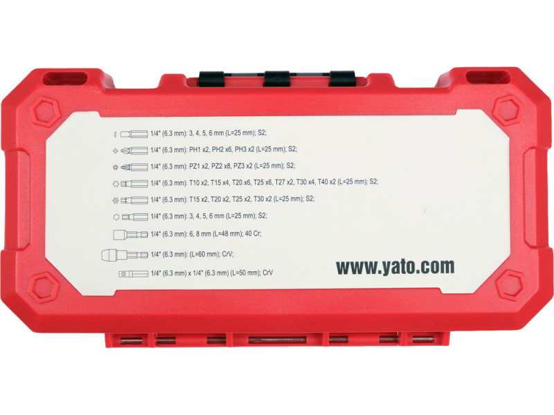 Насадки викруткі ударні YATO PH, PZ, SQ, Torx, SL, HEX магніт тримачі з шпинделем 6-гран 1/4", 68 шт