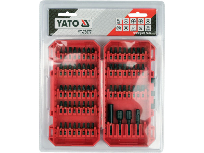 Насадки викруткі ударні YATO PH, PZ, SQ, Torx, SL, HEX магніт тримачі з шпинделем 6-гран 1/4", 68 шт
