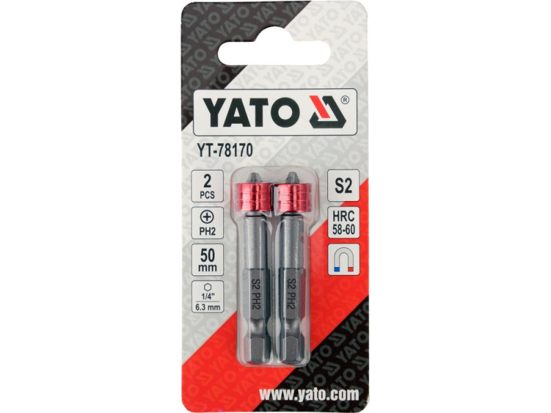 Набор бит Phillips PH2 1/4" 50 мм с магнитной рамкой YATO YT-78170, 2 шт