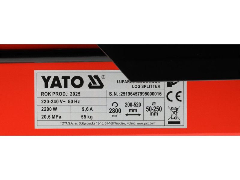 Дровокол від електромережі- 230 В YATO 2,2кВт колода l= 200- 520 мм, Ø= 50-250 мм, сила натиску- 5 т (YT-79950)
