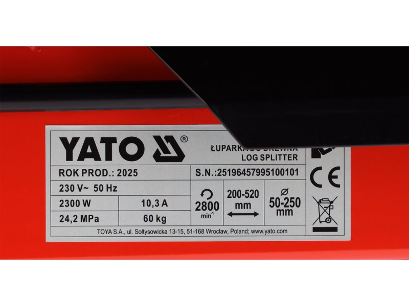 Дровокол электросетевой - 230 В YATO 2,3 кВт колода l = 200 - 520 мм, Ø = 50-250 мм, сила нажима - 7 т (YT-79951)