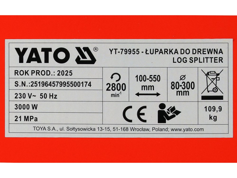 Дровокол электросетевой-230 В YATO 3 кВт бревно l=100-550 мм, Ø=80-300 мм, сила нажима-8 т (YT-79955)
