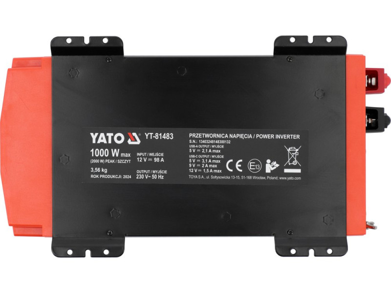 Преобразователь напряжения YATO YT-81483, 12/230 В, 1000/2000 Вт
