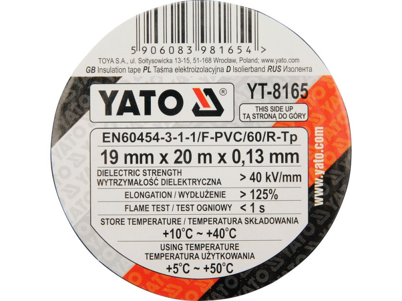 Изолента YATO 19мм х 20м черная (YT-8165)