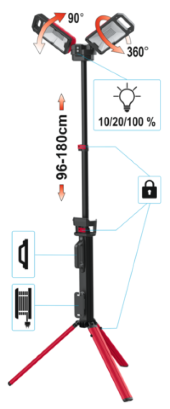 Прожекторы 2шт. 2828 SMD-диодные YATO: аккумул. 4,7 В, 500-5000 Lm, на штативе h=95-140 см (YT-81811)