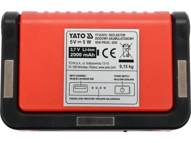 Прожектор светодиодный аккумуляторный COB 5 Вт 300 лм YATO YT-81819, магнит