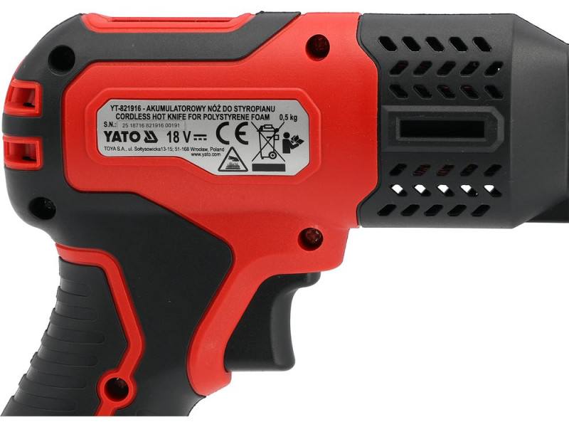Термонож к пенопласту YATO аккумуляторный Li-Ion 18V, 2 лезвия l=200/150мм, t=50- 500°С БЕЗ АККУМУЛЯТОРА