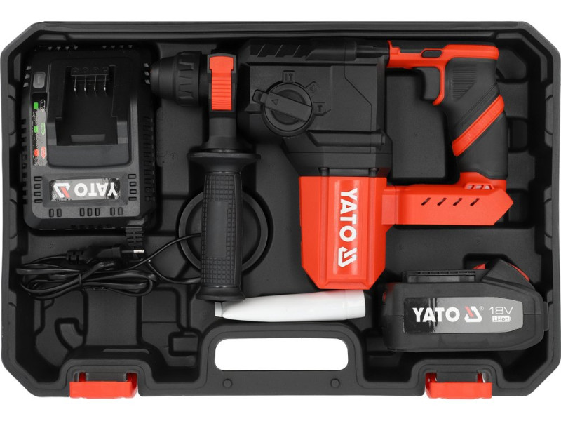 Перфоратор акумуляторний YATO SDS+ Li-Ion 18 В 4 АГод , J=2.5 Дж, Ø≤22 мм в бетоні, 3 режими в футля (YT-827721)