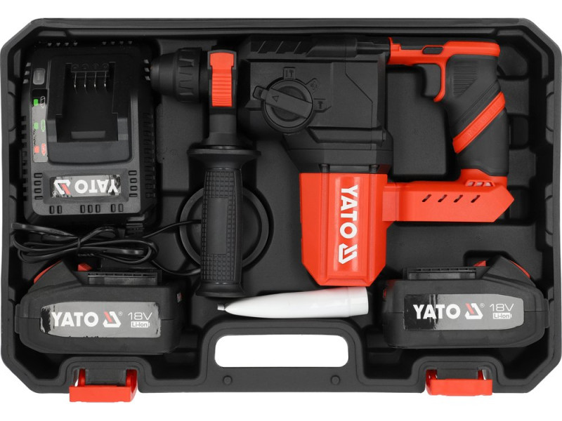 Перфоратор аккумуляторный YATO SDS+ 2х Li-Ion 18 В 4 АГод, J=2.5 Дж, Ø≤22 мм в бетоне, 3 реж. (YT-827722)