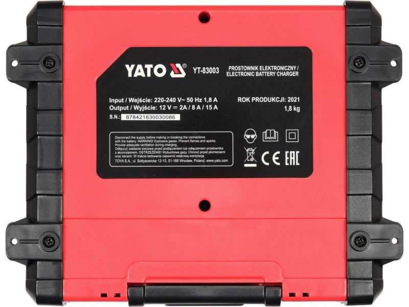 Зарядний пристрій YATO YT-83003, 12 В, 2/8/15 А, до 200 А·год