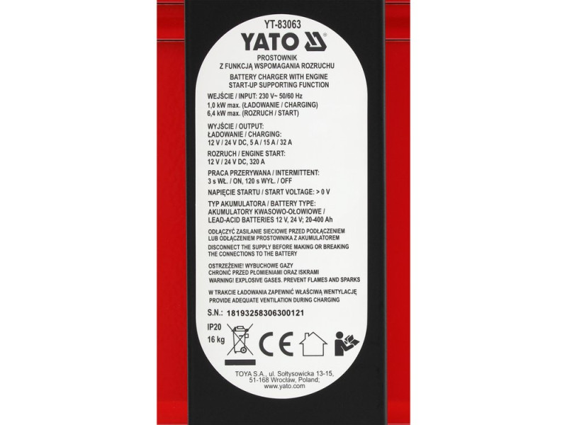 Пуско-зарядное устройство YATO аккумулятор 12/24 В, 5/15/32 А, 20-400 Аh от эл мер 230 В, старт-320А (YT-83063)