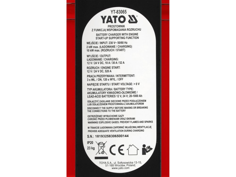 Пуско-зарядное устройство YATO аккумулятор 12/24 В, 10/30/52 А, 20-1000Аh от эл мер 230В, старт-520А (YT-83065)