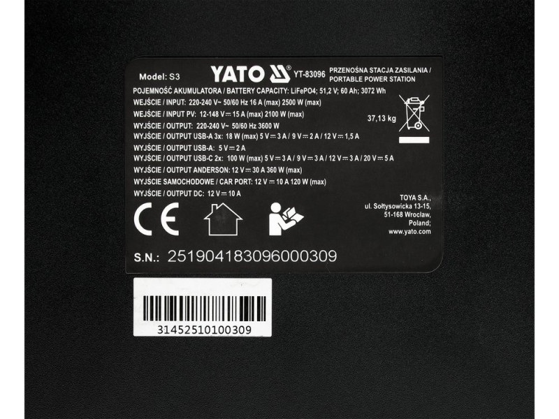 Портативна станція YATO : 3,6 / 7 кВт, 3072 ВтГод. LiFePO4 (YT-83096)