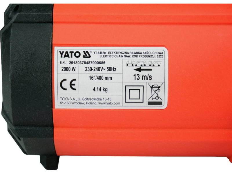 Пила цепная электрическая YATO YT-84870, 2000 Вт, шина 16" (400 мм)