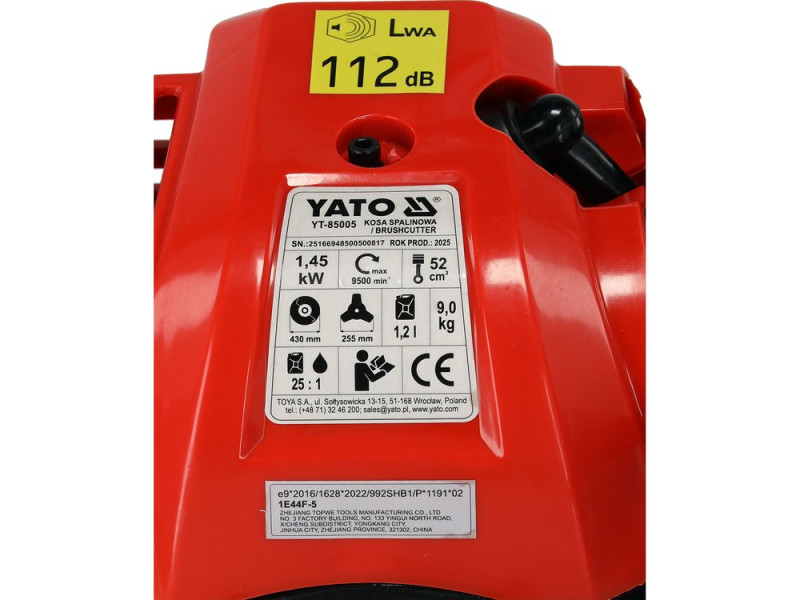 Мотокоса бензинова YATO YT-85005, 52 см³, 1,45 кВт, 430 мм, з оснасткою