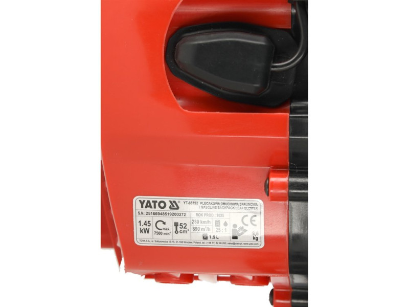 Повітродувка- ранець бензинова YATO 52см³, 1,45 кВт, продукт- 890 м³/хв, бак- 1,5 л (YT-85192)