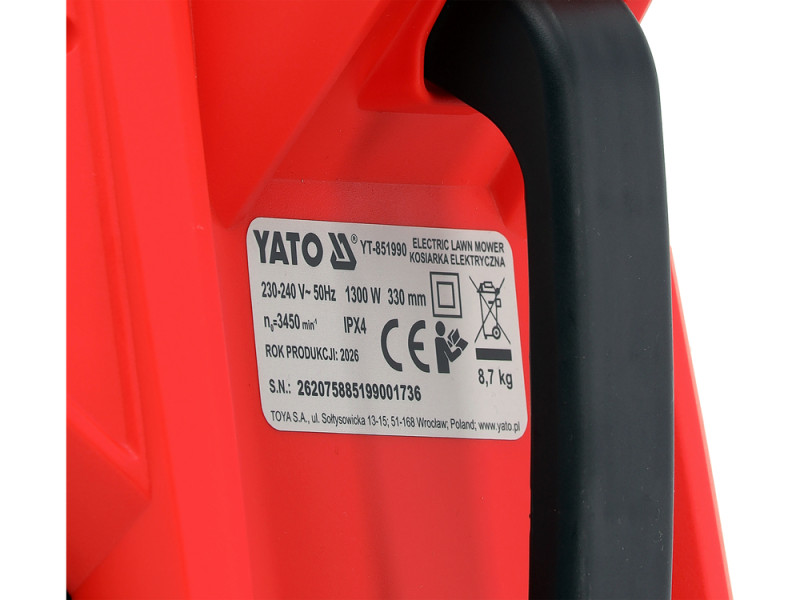 Газонокосарка на 4 колесах від електромер 230В YATO 1300Вт. покіс- 33см вис- 25/45/65мм збірник- 30л