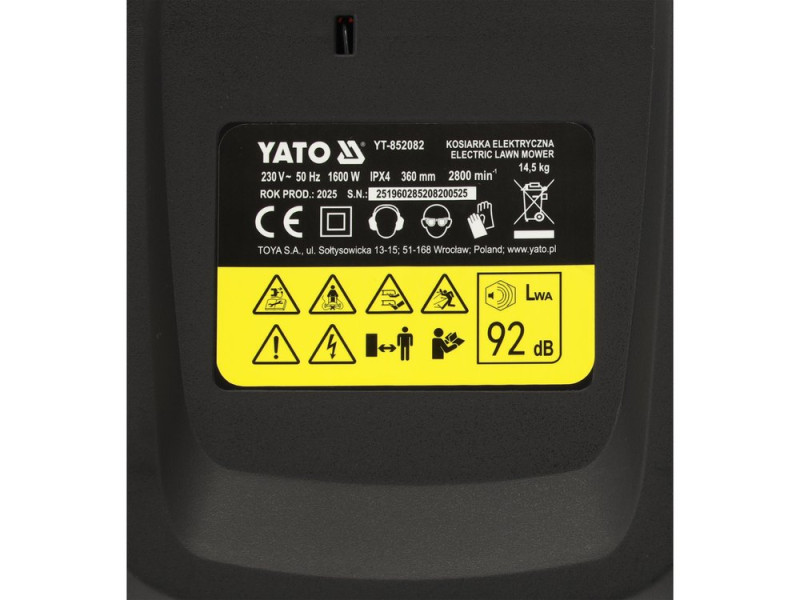 Газонокосарка мережева YATO 1600 Вт. Ø= 36 см. 45л (YT-852082)