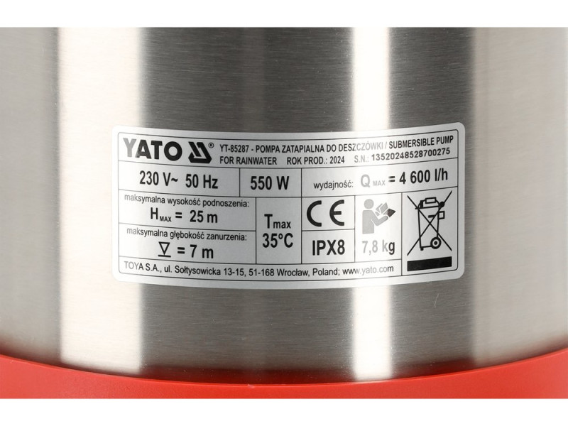 Насос для дощової води занурювальний YATO: 550 Вт, 4600л/год, макс.вис- 25м, макс. глиб- 7м (YT-85287)