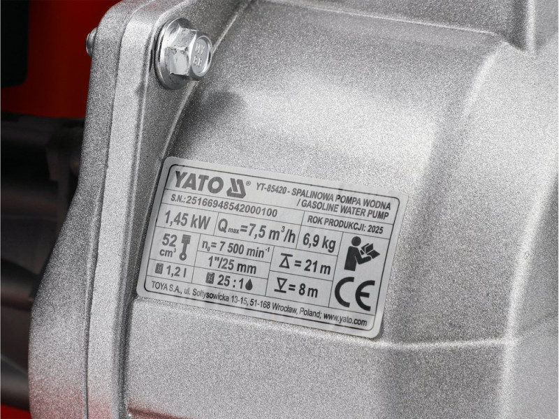Мотопомпа YATO 1", 1,45 KW, продукт- 7,5 м³/год, висота/глиб- 21/8 м (YT-85420)