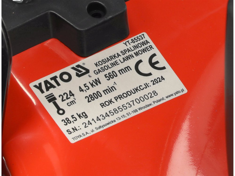 Газонокосарка бензинова YATO з приводом: 4,5кВт, ширина різання: Ø= 56 см, травозбірник- 62л (YT-85537)