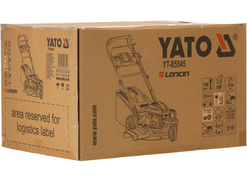 Газонокосарка бензинова YATO з приводом: 3,5кВт, ширина різання: Ø= 53 см, травозбірник- 62л (YT-85545)