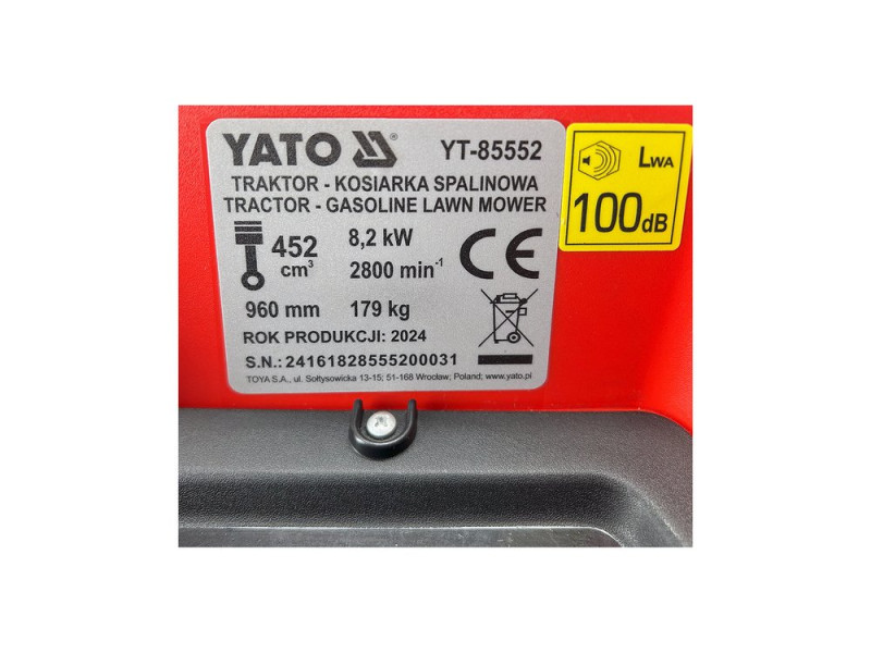 Трактор-газонокосилка бензиновый YATO 8 кВт, шир/выс покоса 960/35-75 мм, сборник - 220 л. (YT-85552)