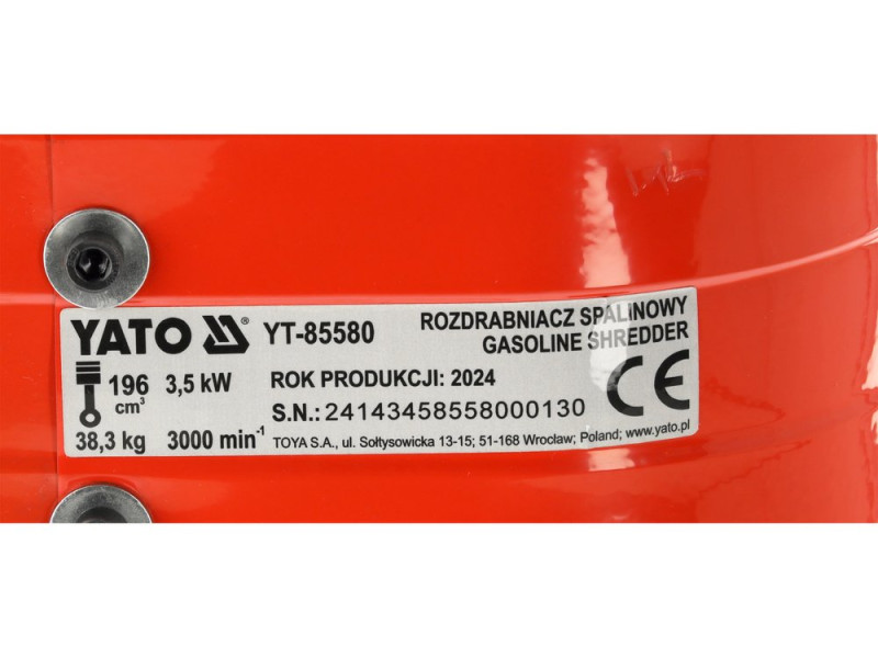 Подрібнювач гілок бензиновий YATO: двигун- 3,5 кВт, гілки макс. Ø= 45 мм, збірний контейнер- 30л (YT-85580)