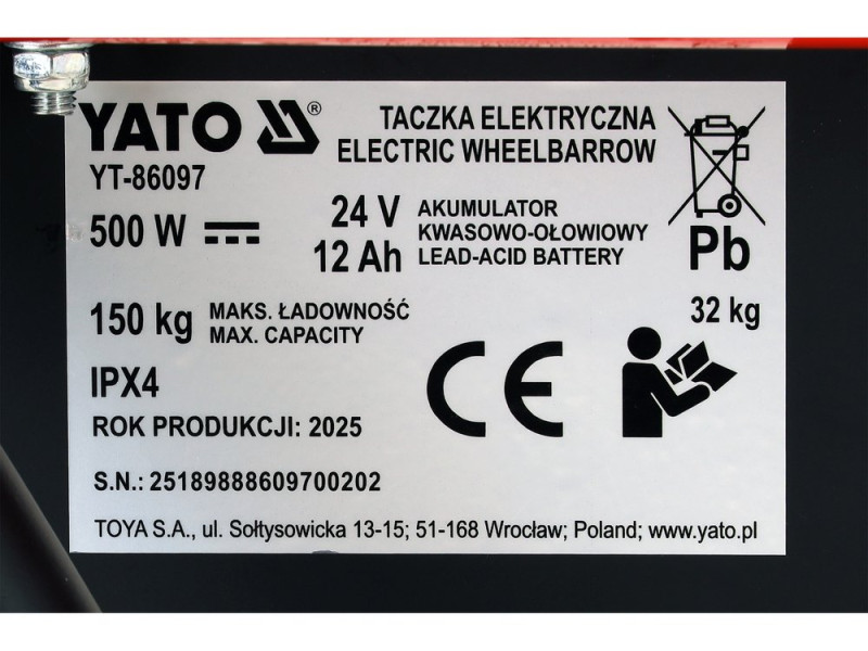 Тачка електрична YATO 2х 12 В, 1,2 АГод, 500 Вт, навантаження- 150 кг (YT-86097)