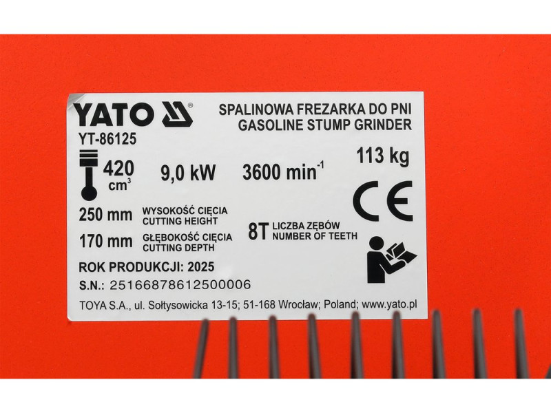 Подрібнювач пнів бензиновий YATO 9 кВт, двиг- 420 см3, вис/глиб зрізу- 25/ 17см, бак- 6,5 л, на 3 ко (YT-86125)
