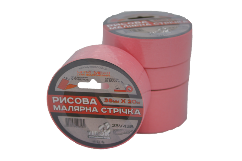 Малярна стрічка рисова VIROK 38мм х 20 м. (Гідростійка/ ідеальний край для фарбування). рожева