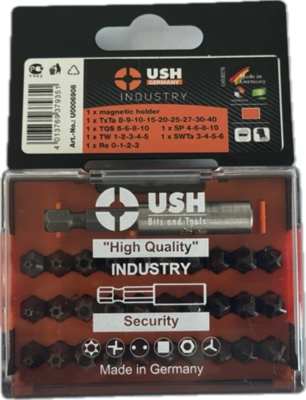 Набор отверточных насадок USH Industry : 1/4" с держателем, Torx, HEX, Spaner, Try-wing. Torq, 31 эл. (U0006908)