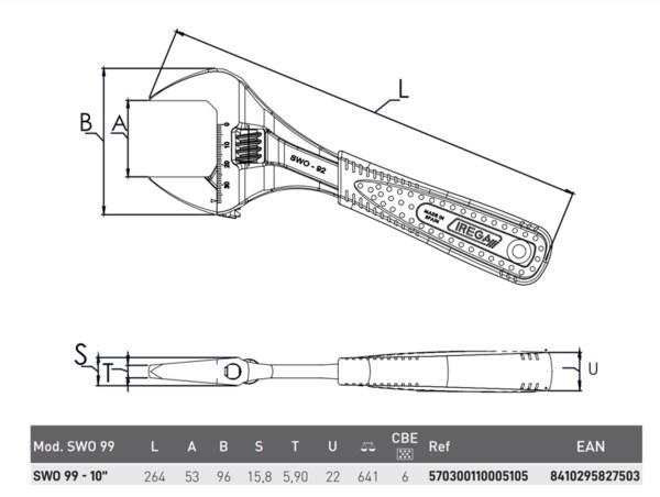 Ключ розвідний IREGA SWO 99-8" 200 мм. Ø 39 мм. надшироке розведення прогумована ручка ErgoTop (IREGASWO99-8)