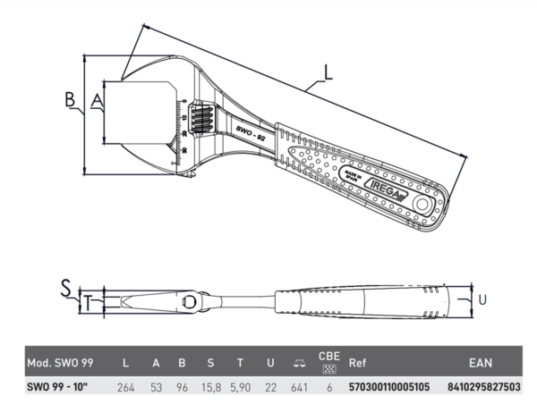Ключ разводной IREGA SWO 99-10" 250 мм. захват до 34 мм. сверхширокая разводка прорезиненная ручка ErgoTop (IREGASWO99-10)