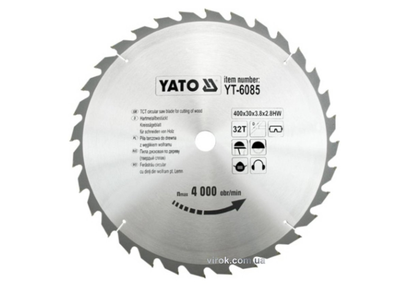 Диск пиляльний победітовий по дереву YATO: 400х30x3.8x2.8 мм, 32 зубці, R.P.M до 4000 1/хв [10]