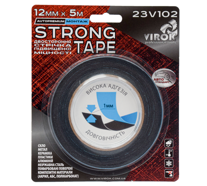 Стрічка автомобільна 2-стороння VIROK Strong Tape; 12 мм х 5 м