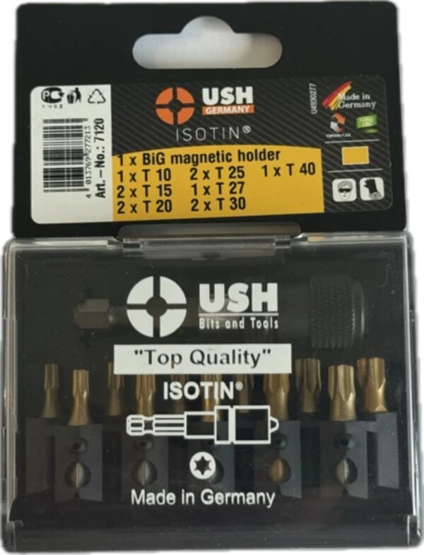 Набір насадок викруткових Isotin USH: 1/4", T10, T15, T20, T25, Т27, T30, T40 магнітн тримач, 12 ел. (U0007120)
